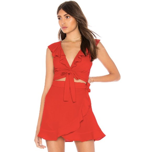 Show Me Your MuMu Dresses & Skirts - NEW Show Me Your Mumu Red Ruffle Cropped Top & Mini Florence Wrap Skirt Set XS